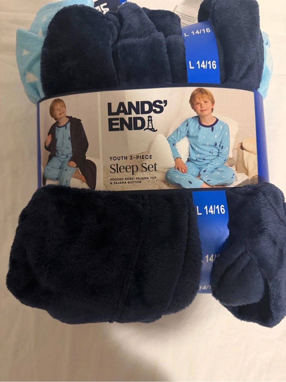 Lands' End Navy and Light Blue Kids 3-Piece Pajama Sleep Set